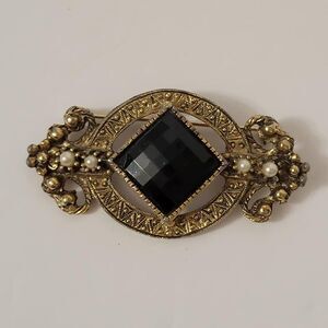 Vintage Faux Seed Pearl & Square Black Lucite Dark Antiqued Gold Tone Pin Brooch